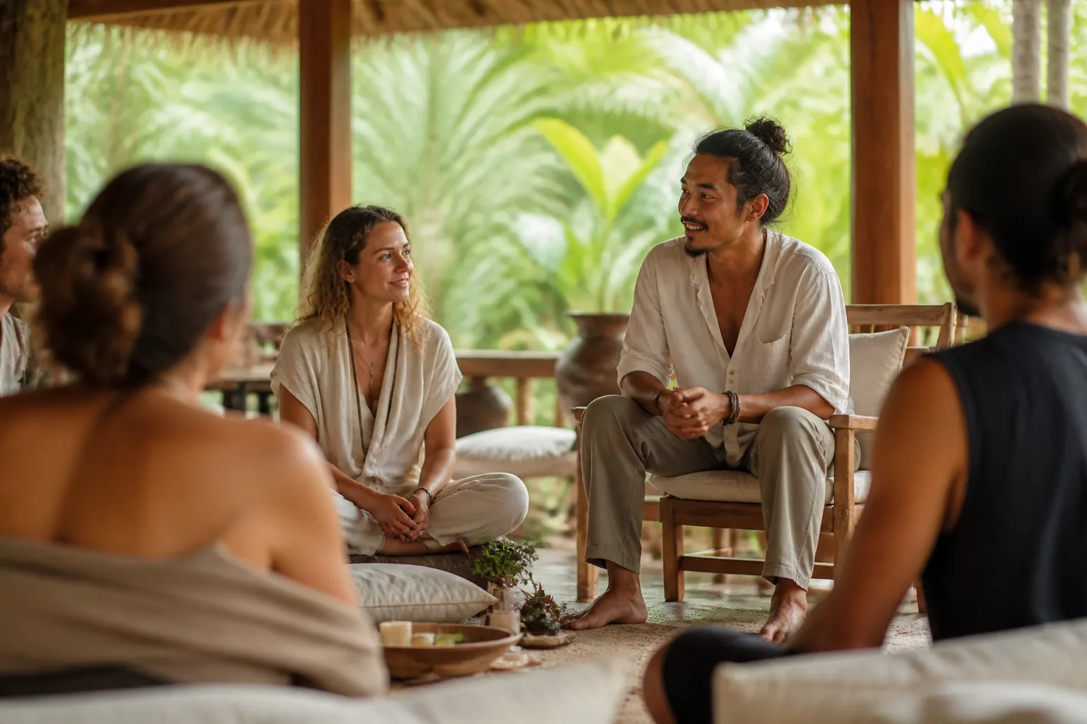 Group therapy in an open-air pavilion surrounded by tropical greenery