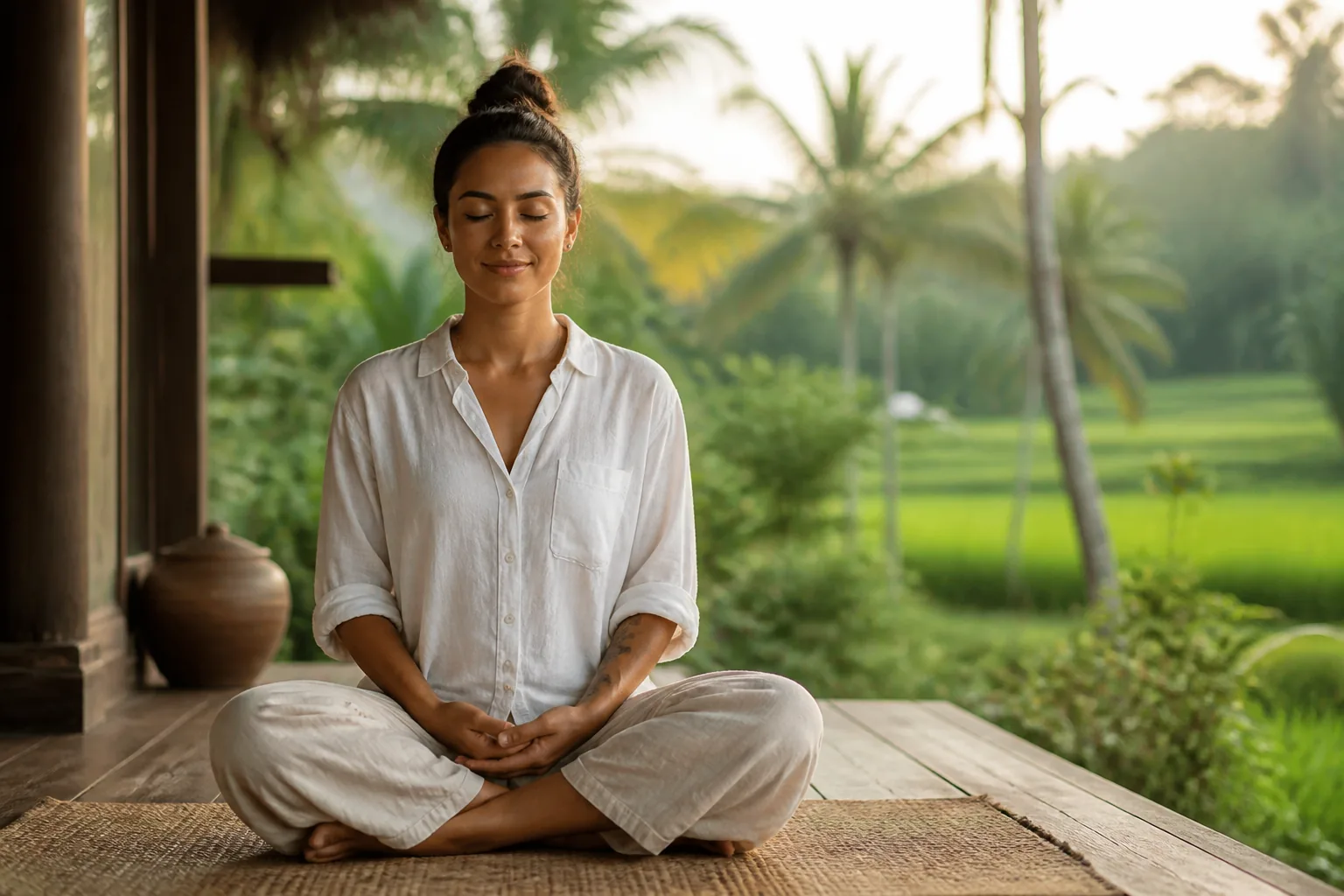 Quiet outdoor breathing practice in a warm tropical garden setting