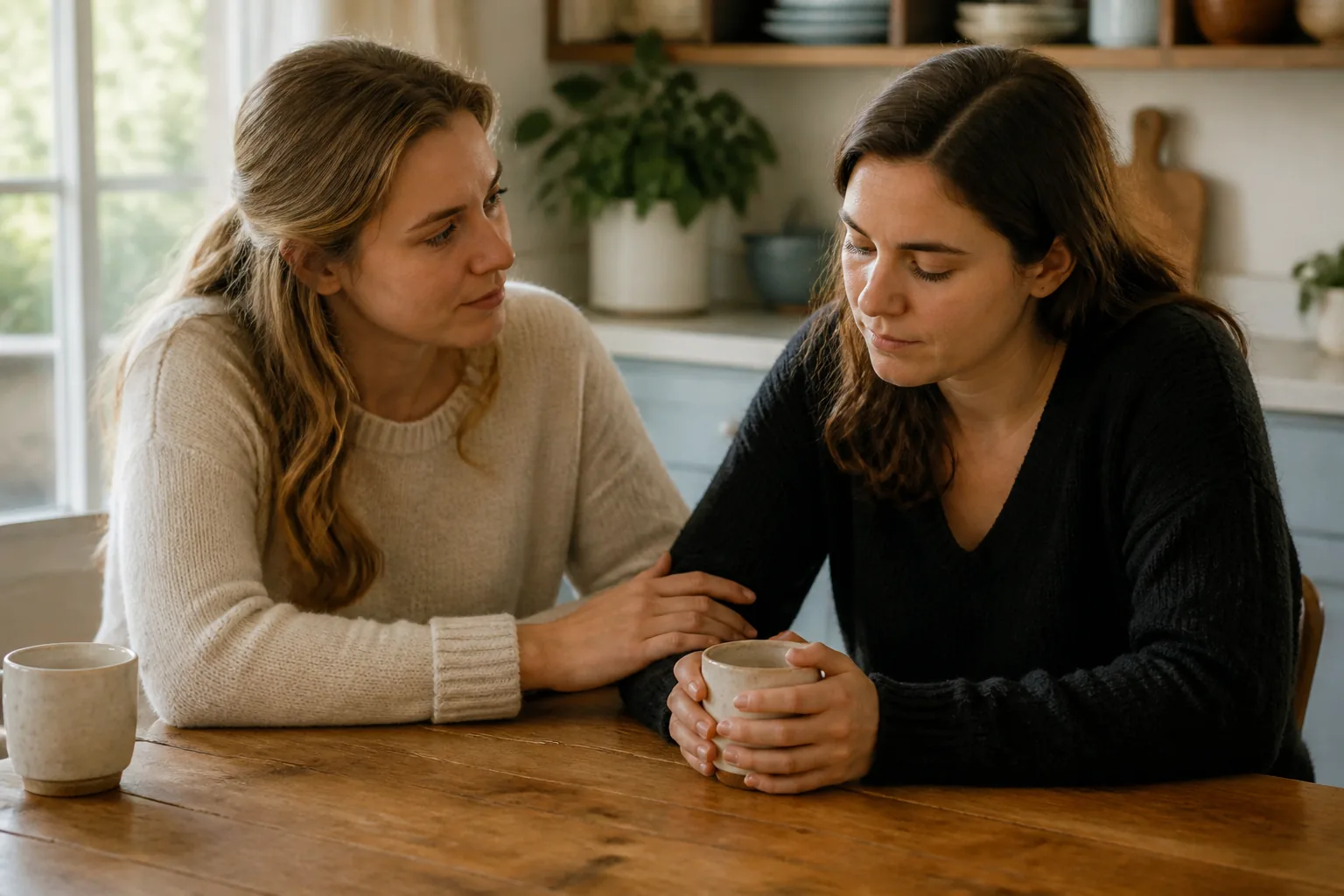 A calm, private conversation at home between two people over tea