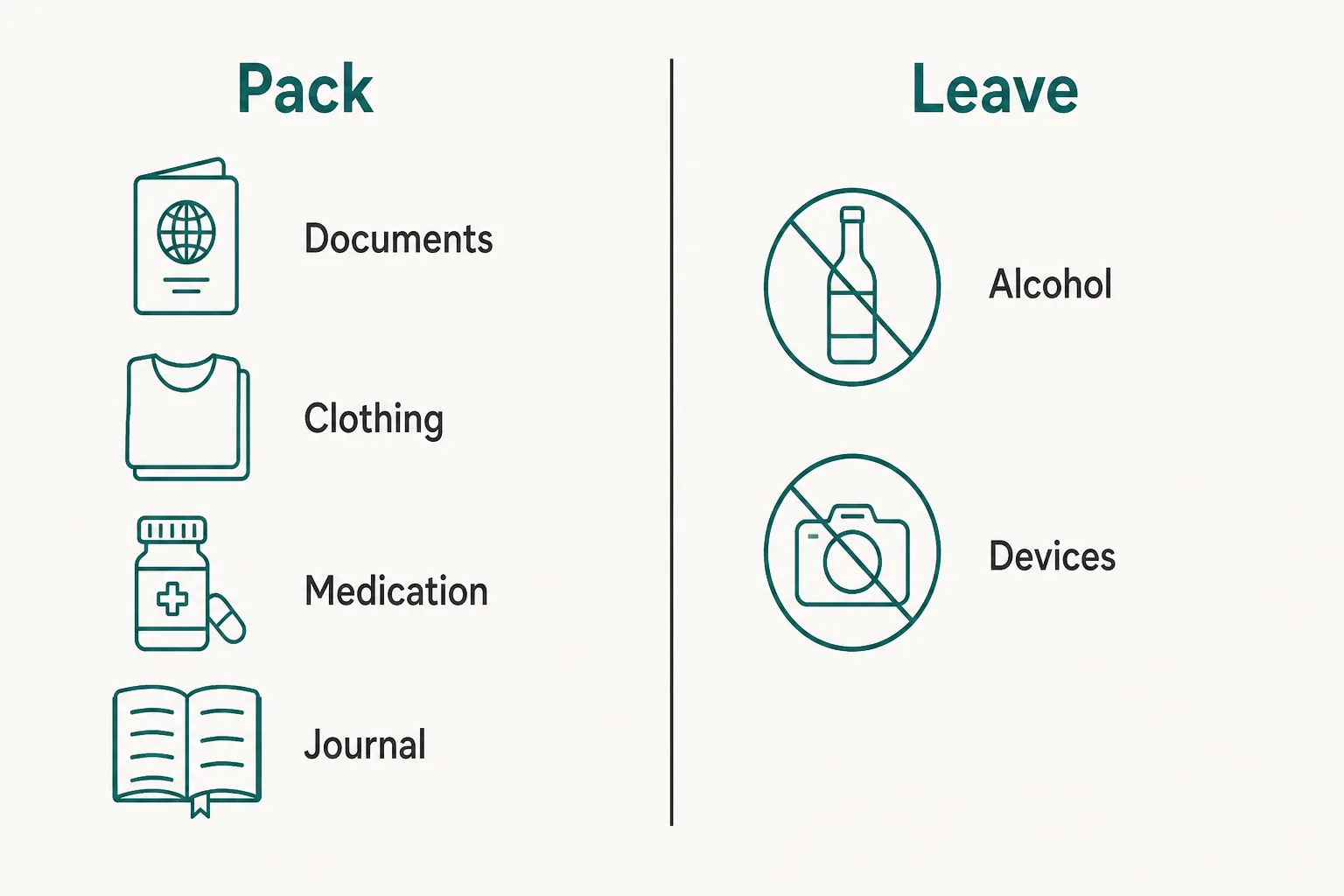 Simple checklist graphic contrasting what to pack with what to leave behind